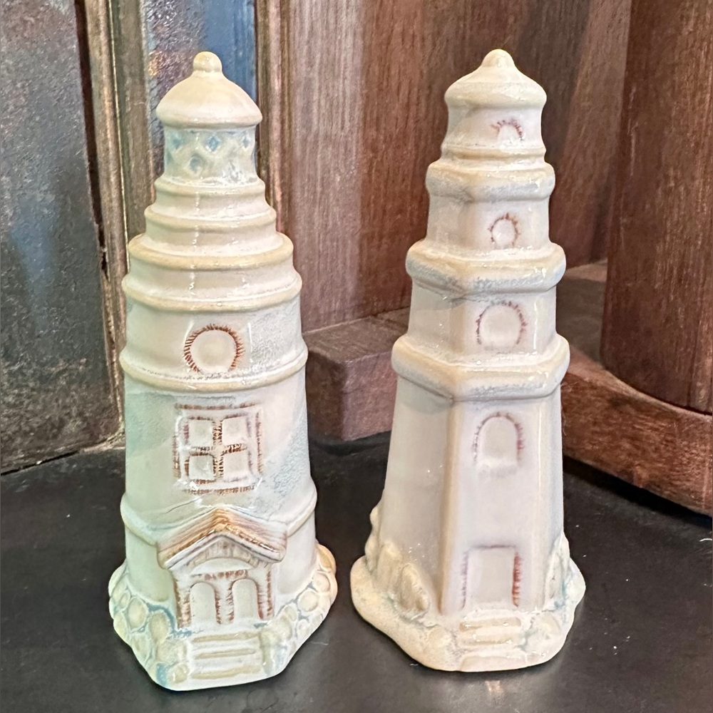 ๐Ceramic Lighthouse Salt & Pepper Shakers Shoreline Pattern by Home Studio๐ง
